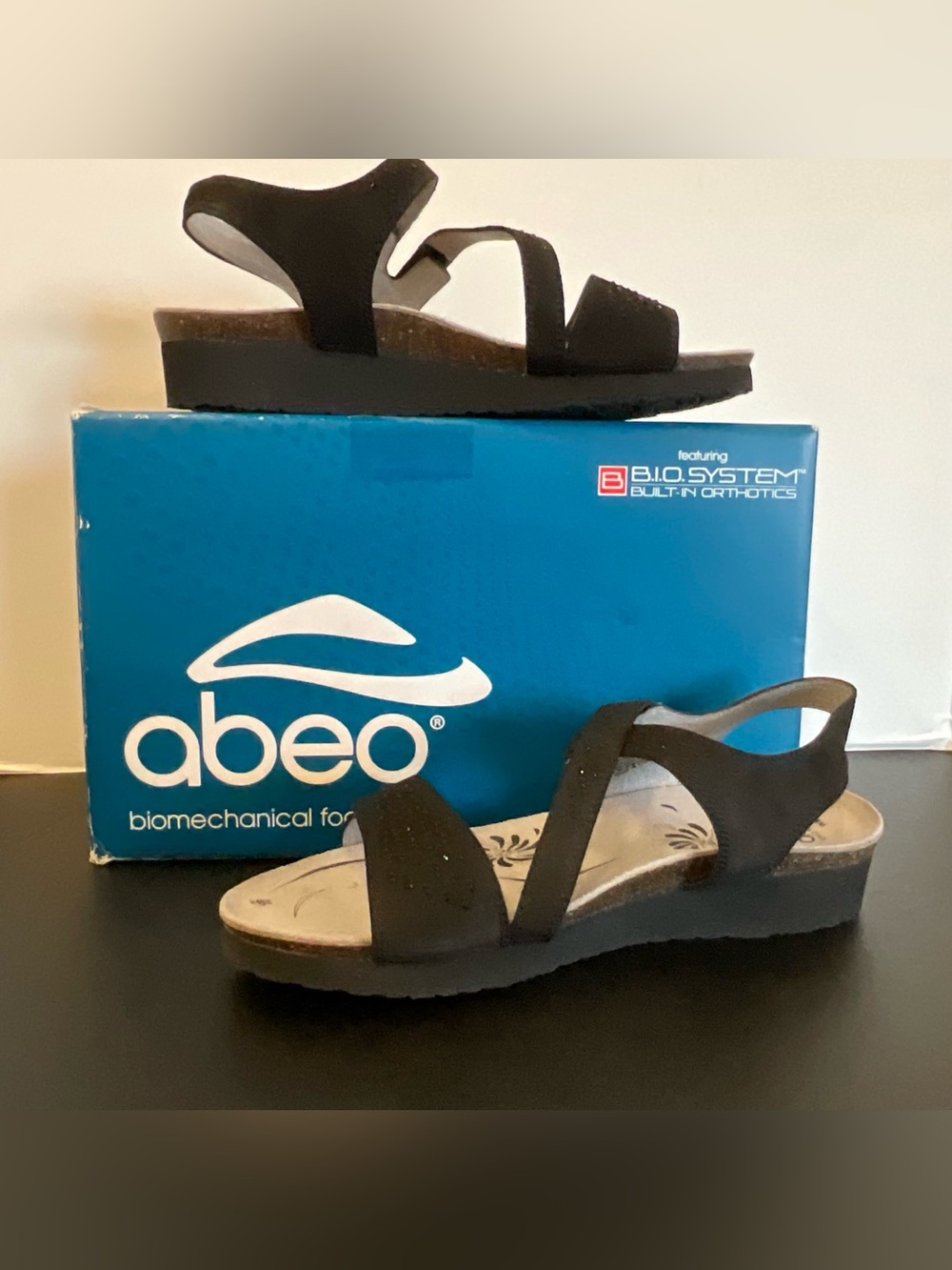 Abeo Camille Black Crystal Strappy Comfort Leather Sandals with Low Wedge 8M New